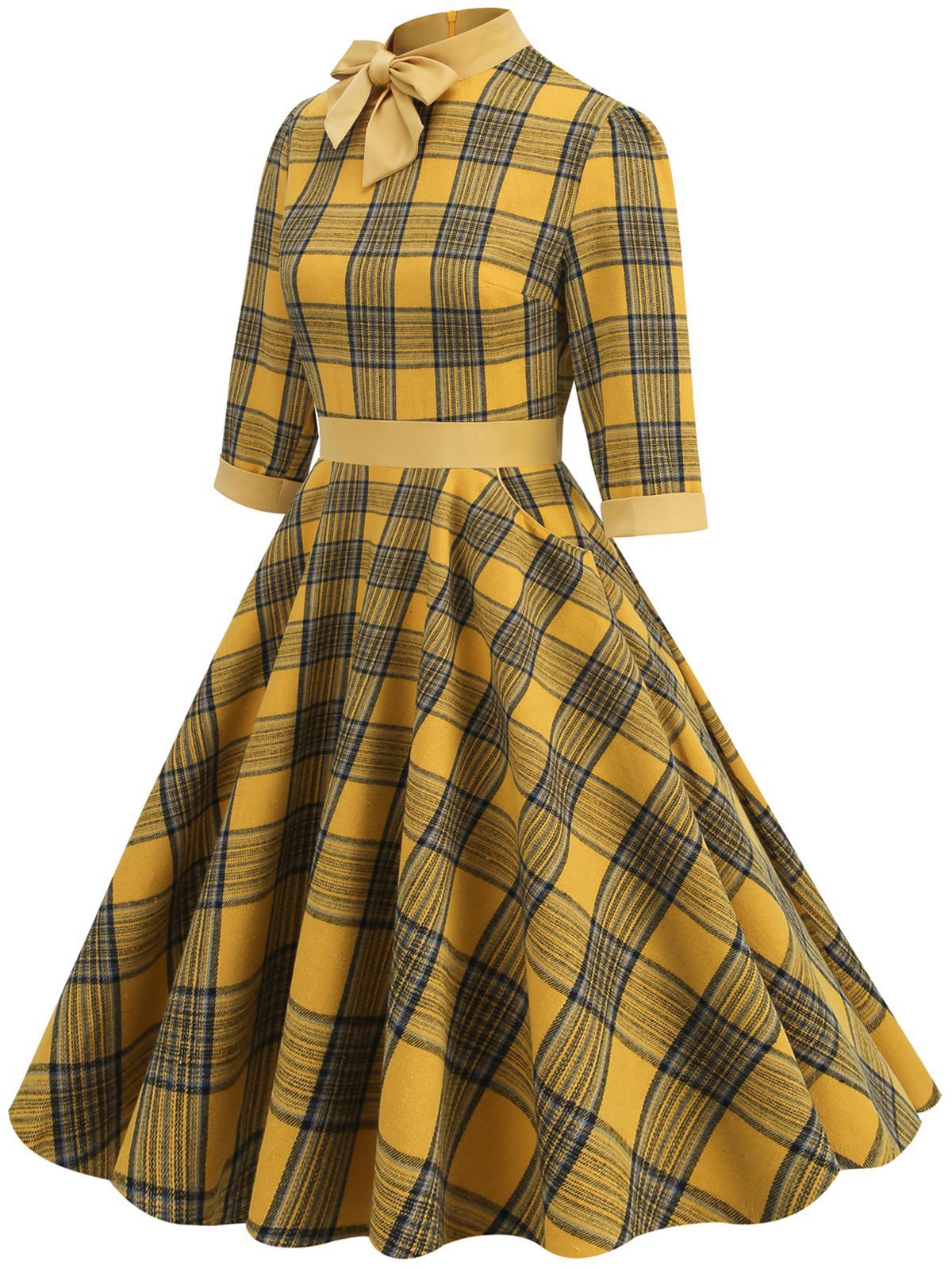 Yellow Plaid Bowknot Patchwork Dress