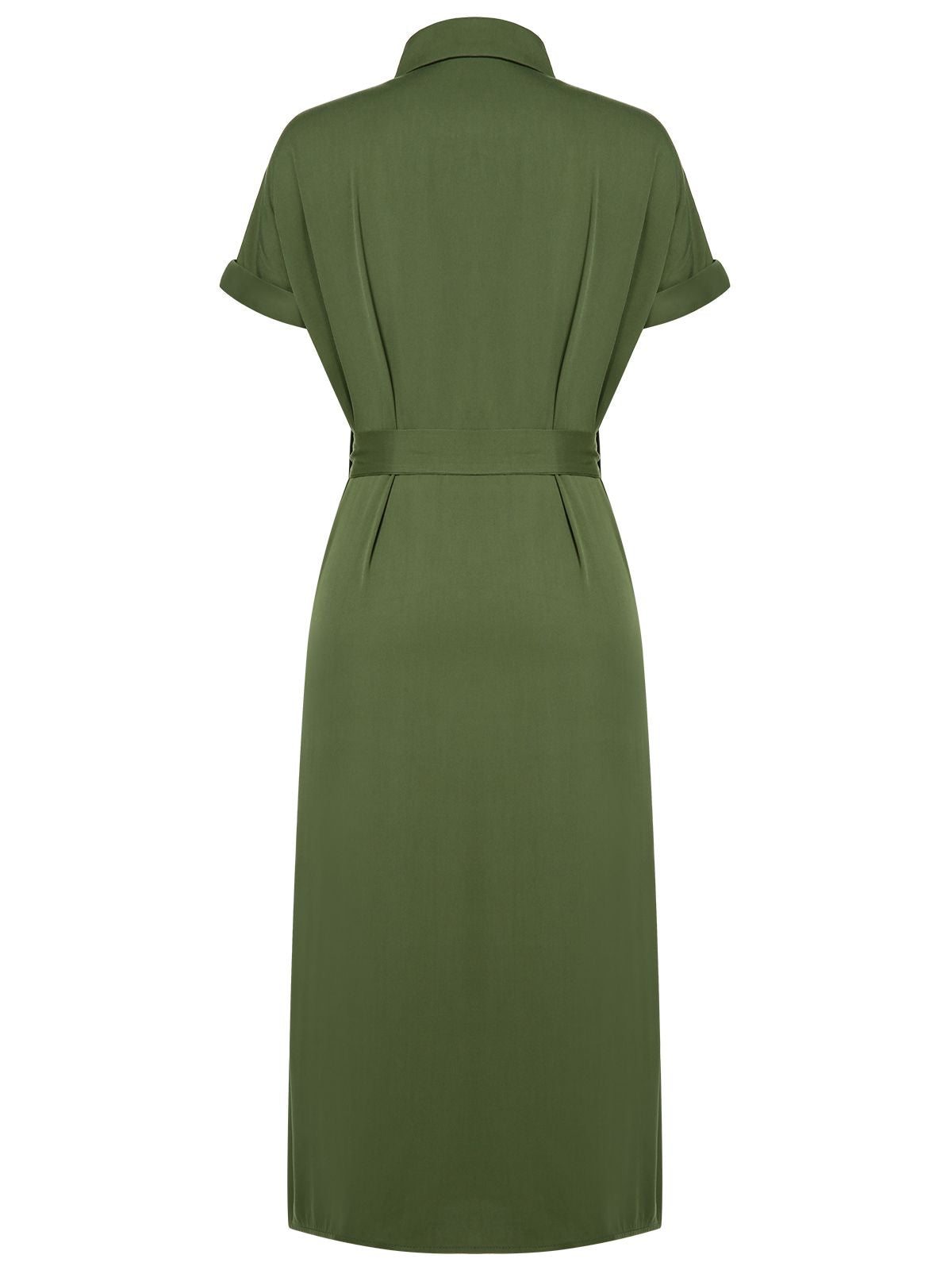 Green Solid Belted Slit Dress