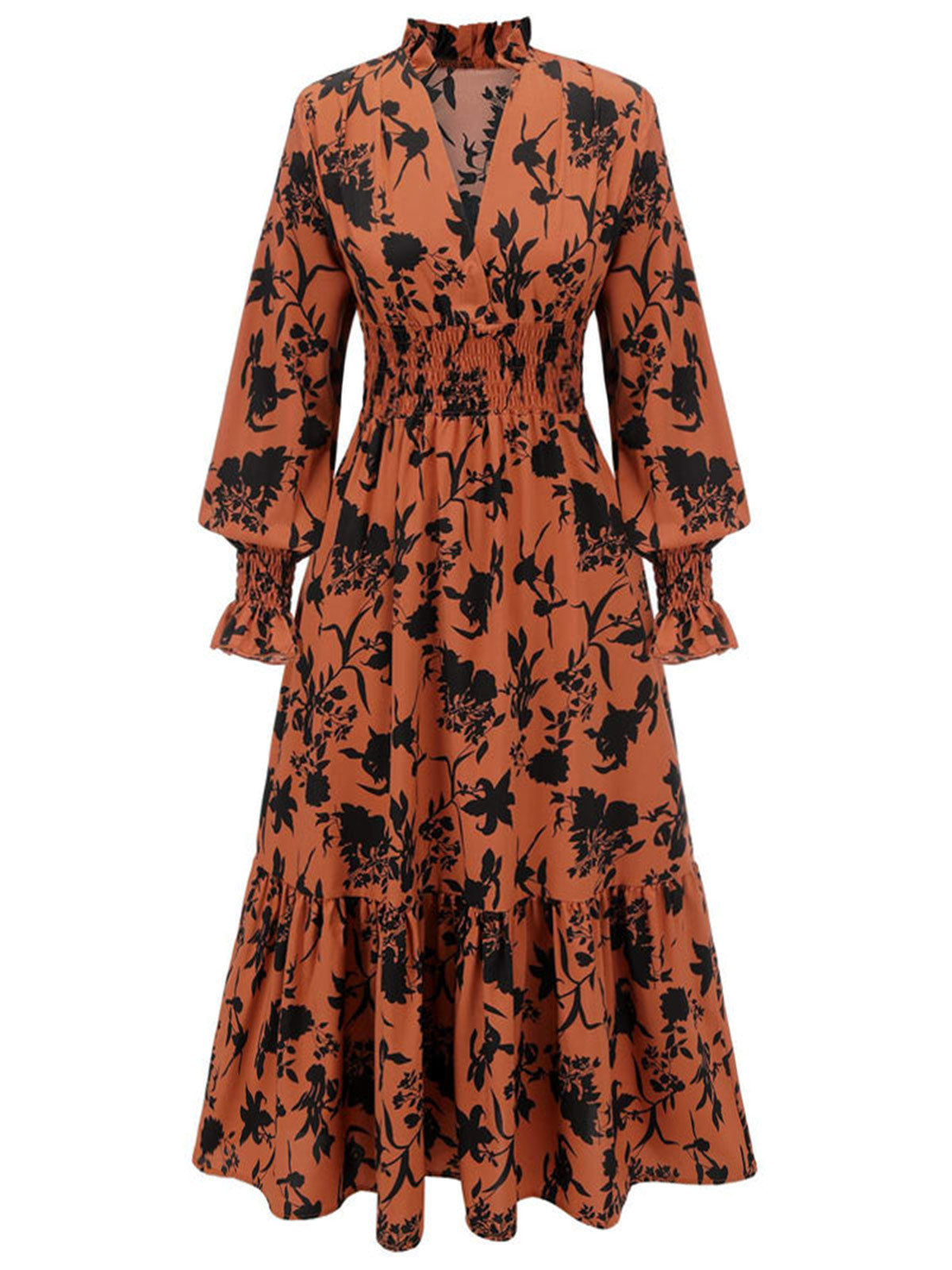 Orange Floral V-Neck High Waist Dress