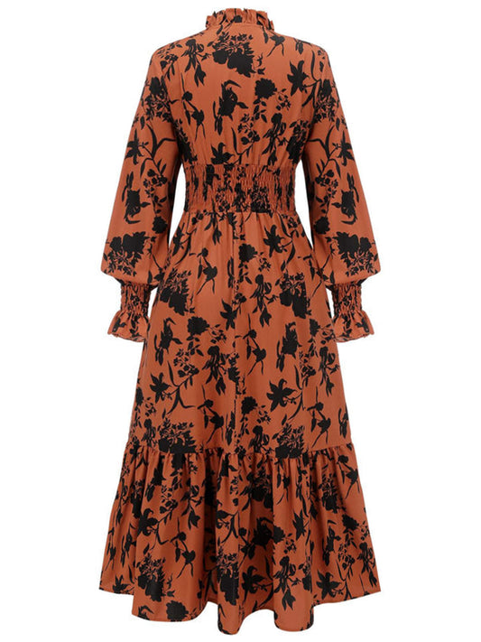 Orange Floral V-Neck High Waist Dress