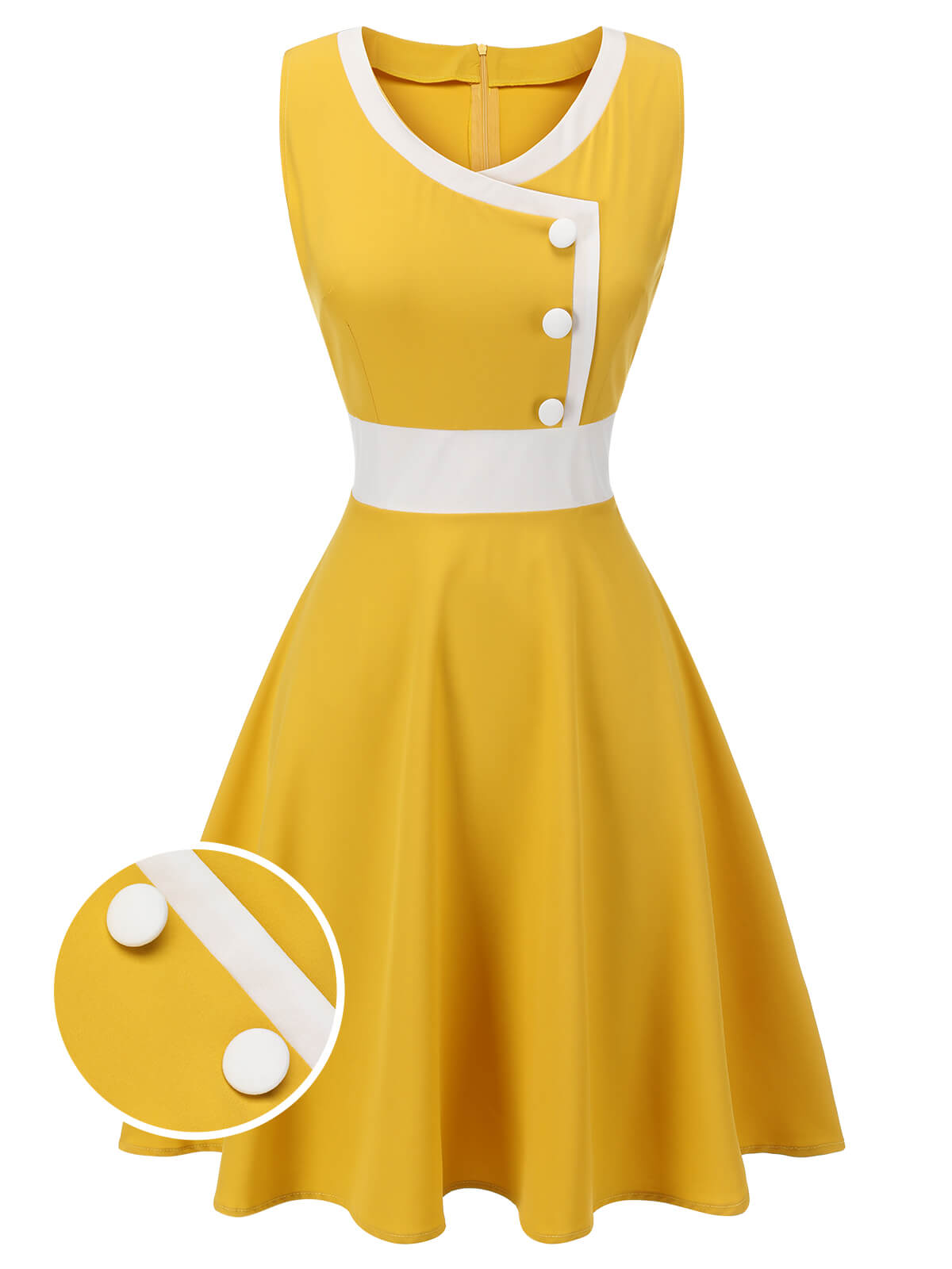 Yellow & White Buttons Patchwork Dress