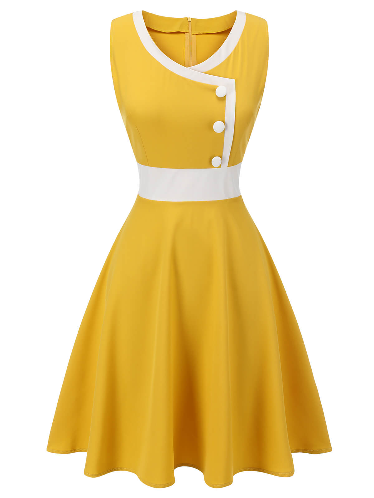 Yellow & White Buttons Patchwork Dress