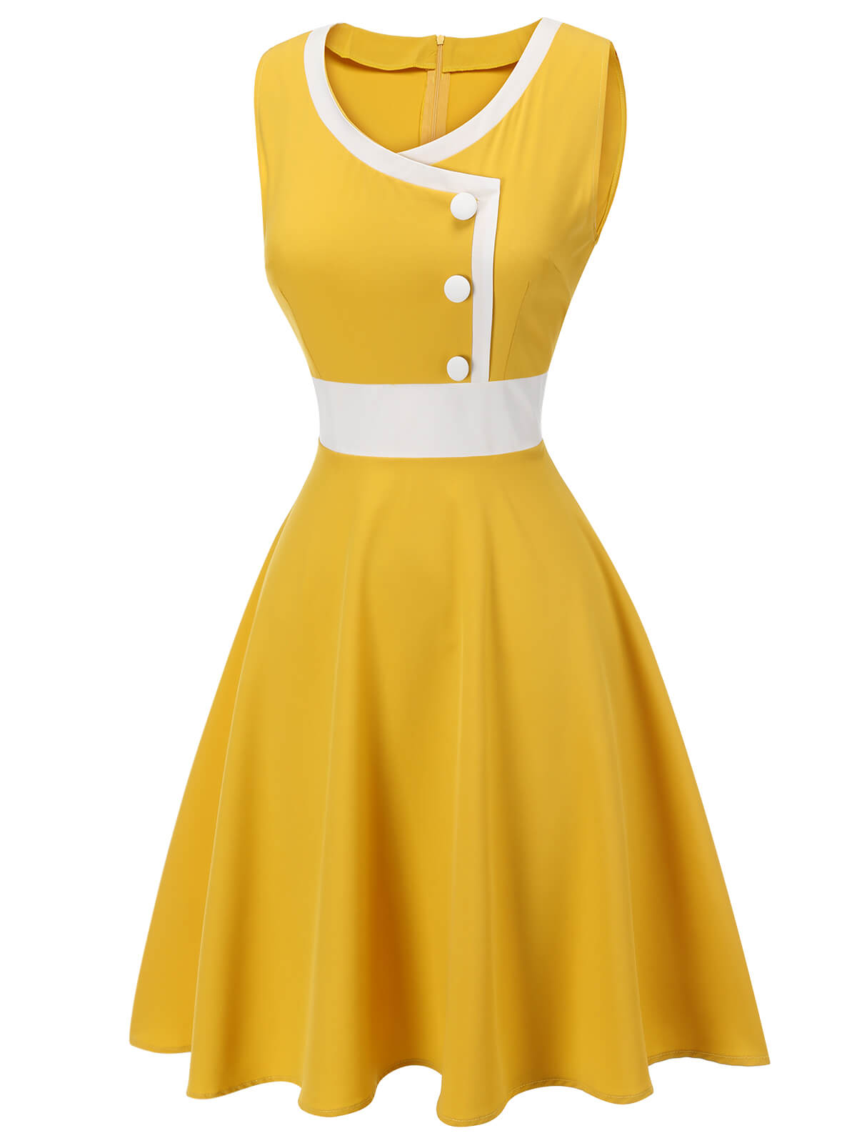 Yellow & White Buttons Patchwork Dress