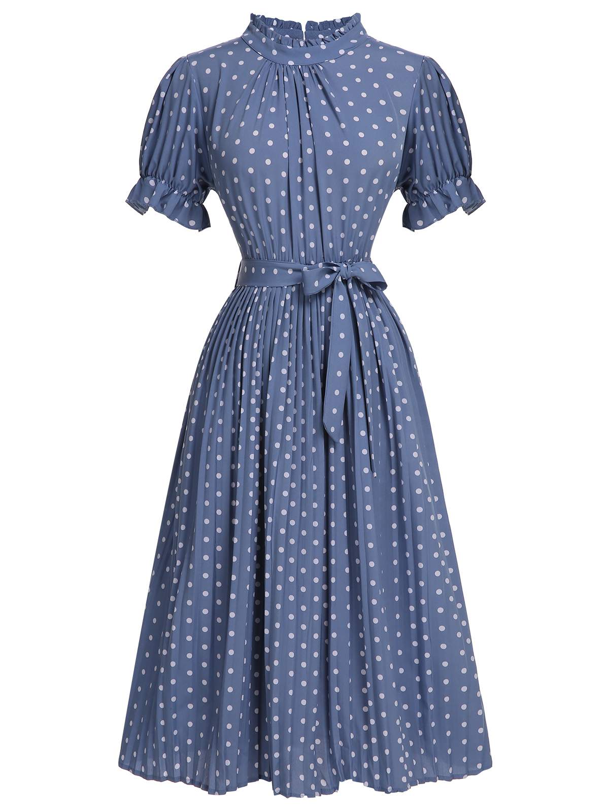 Blue Polka Dots Bow Tie Pleated Dress