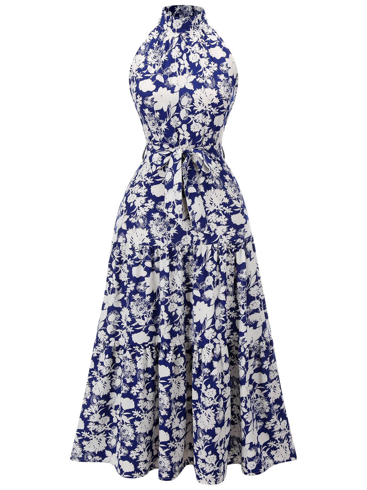 Blue Stand Collar Floral Dress