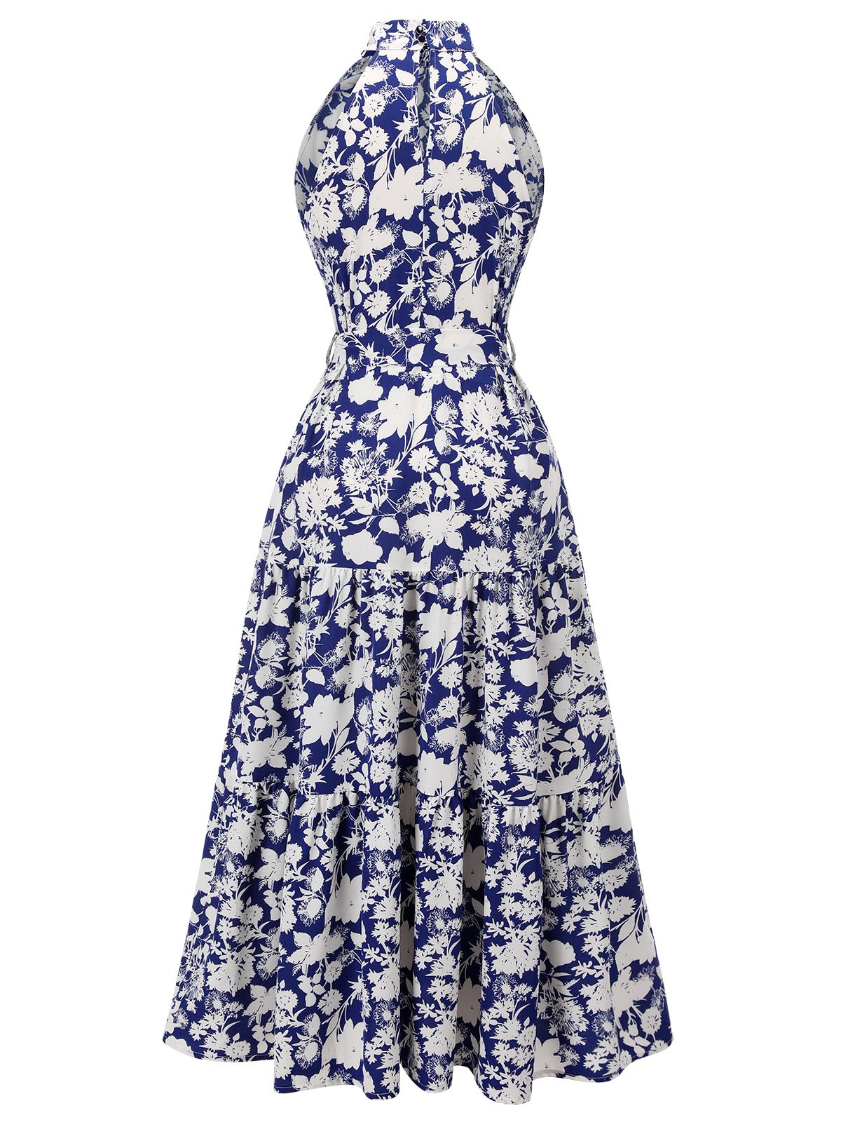 Blue Stand Collar Floral Dress