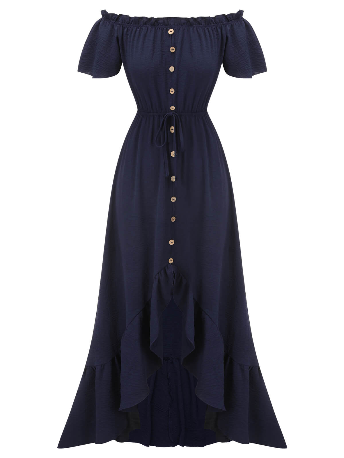 Navy Blue One-Shoulder Button Long Dress