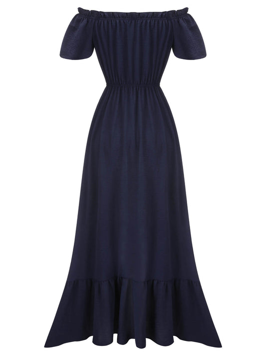 Navy Blue One-Shoulder Button Long Dress