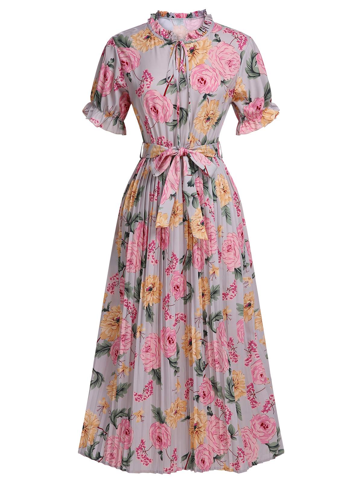 Pink Floral Bow Tie Pleated Dress