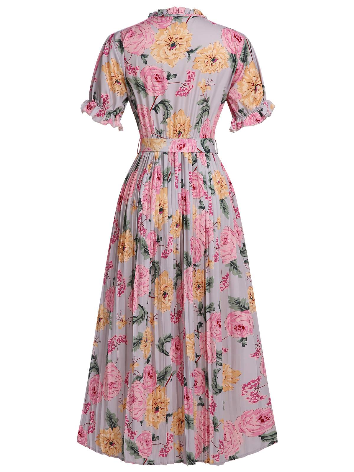 Pink Floral Bow Tie Pleated Dress