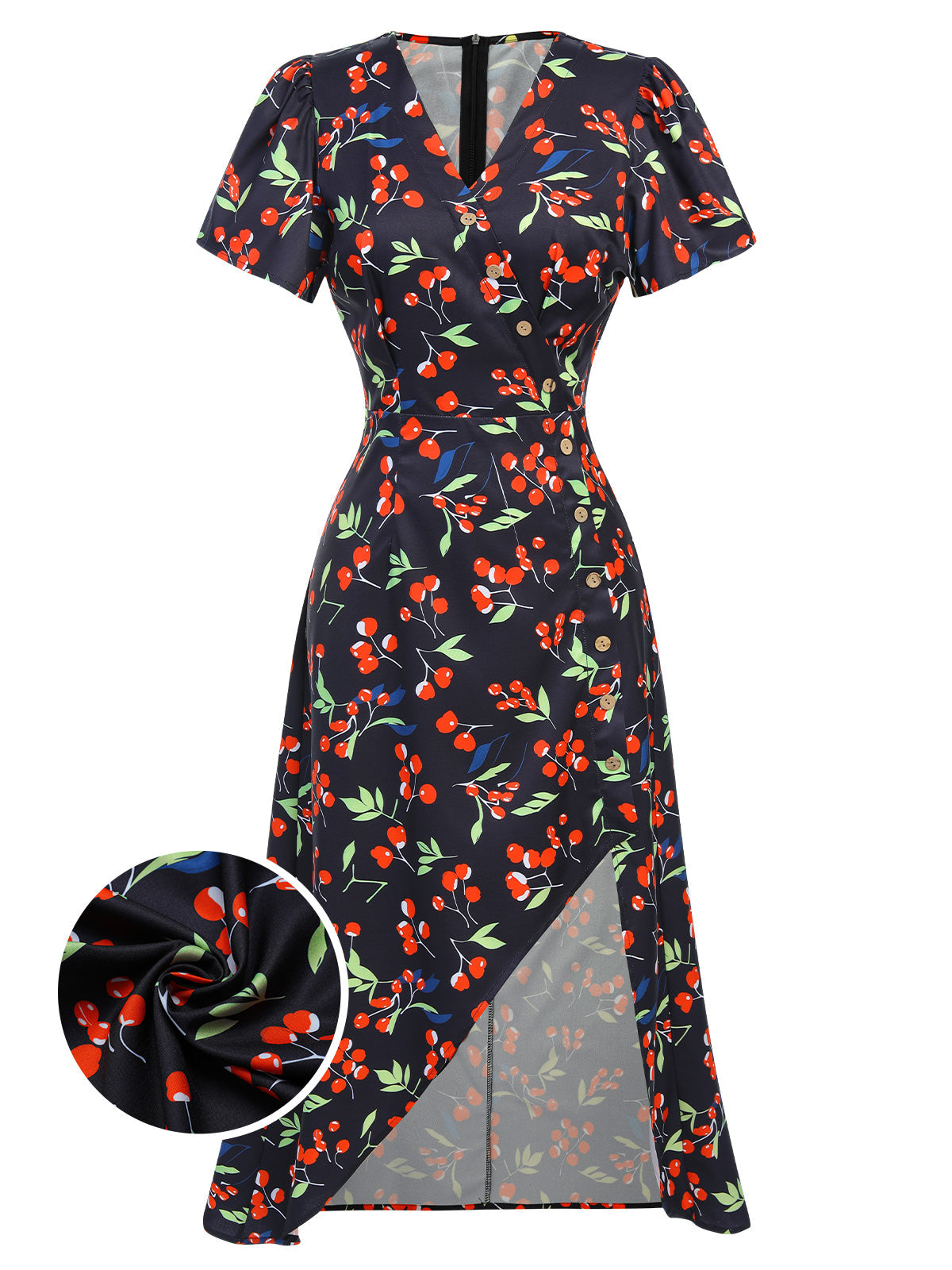 Red Floral V-Neck Added Button Dress