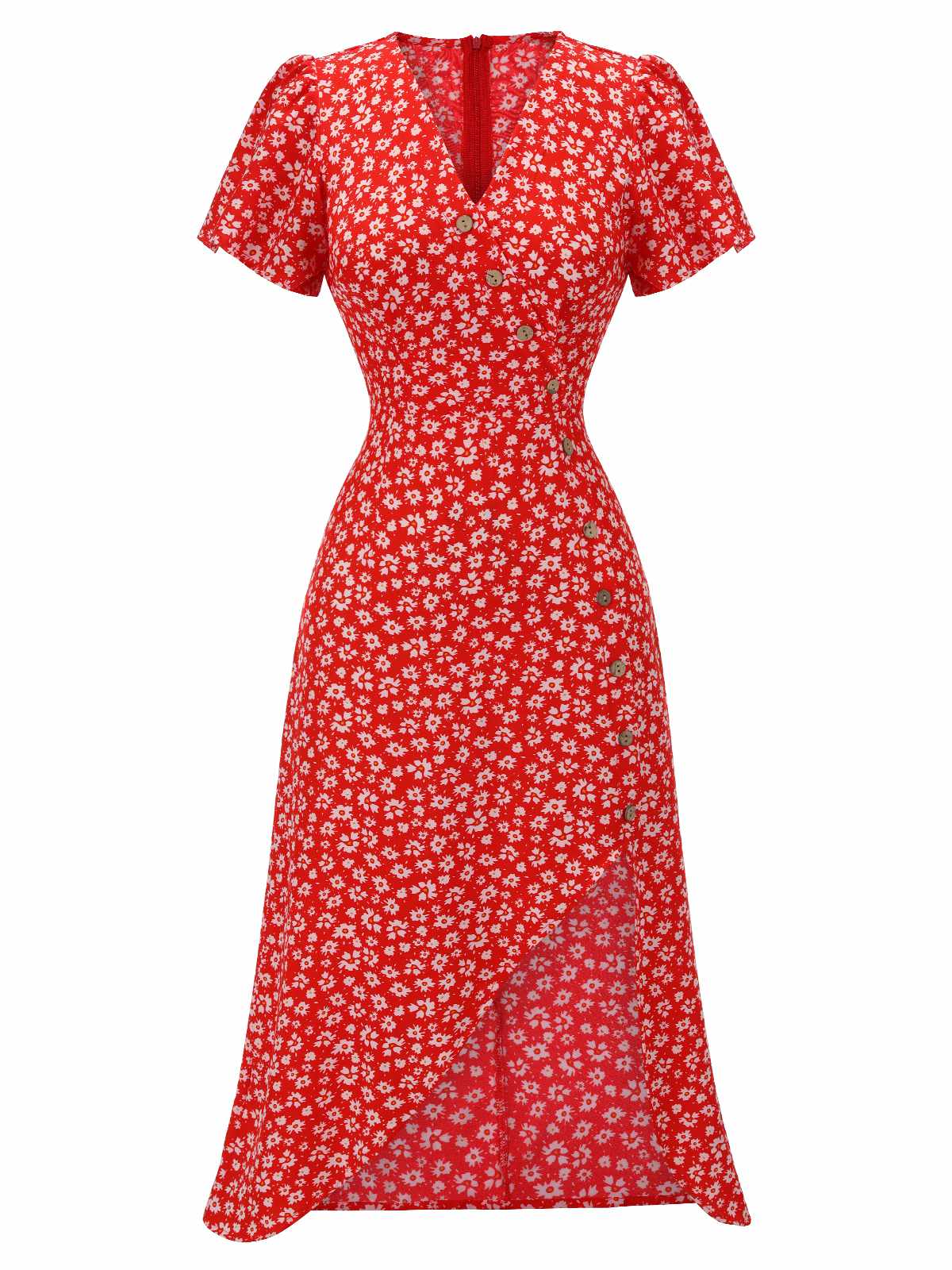 Red Floral V-Neck Added Button Dress