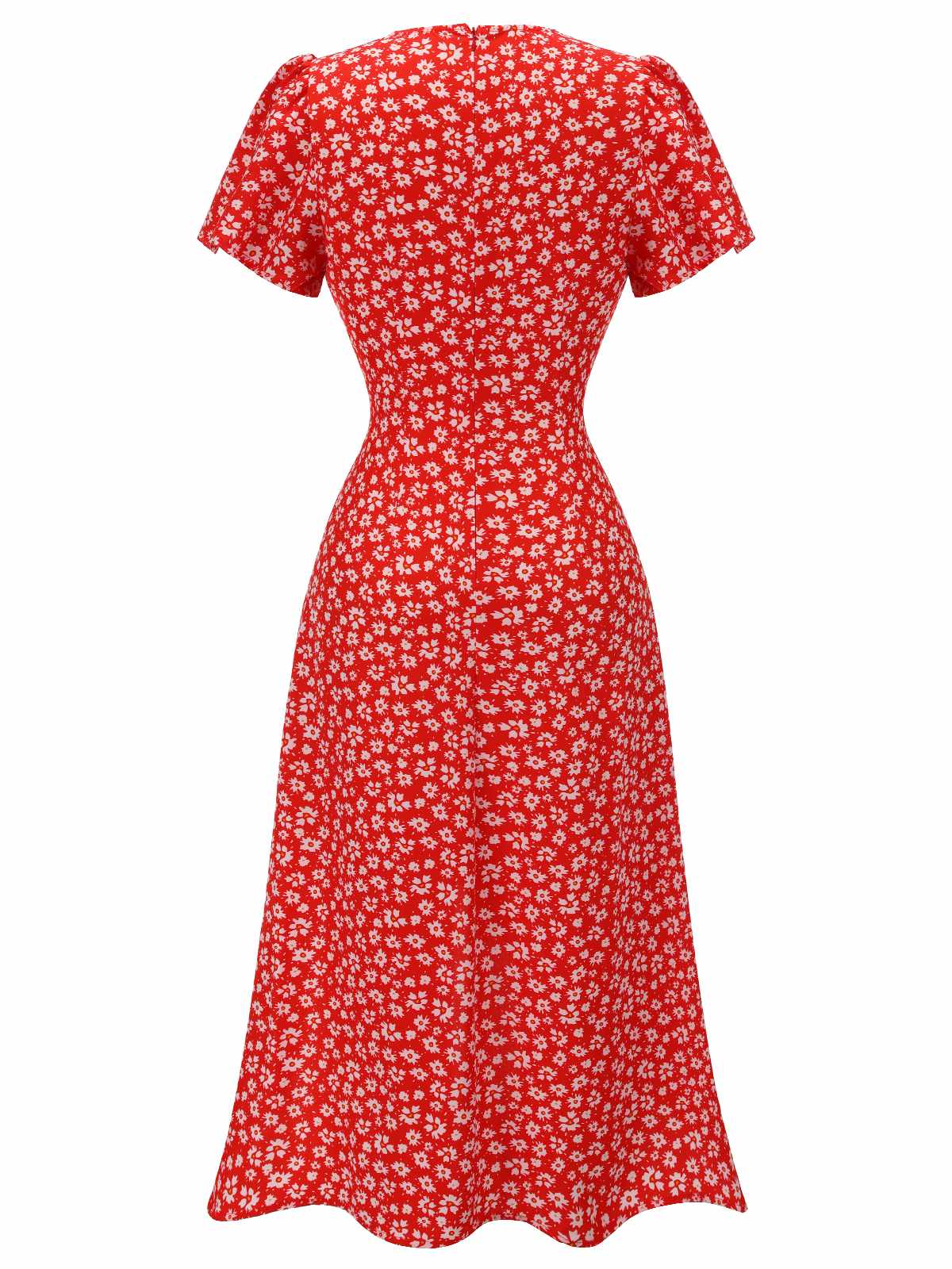 Red Floral V-Neck Added Button Dress