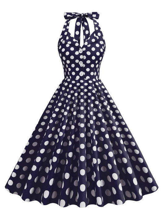 Navy Blue Polka Dot Halter Dress