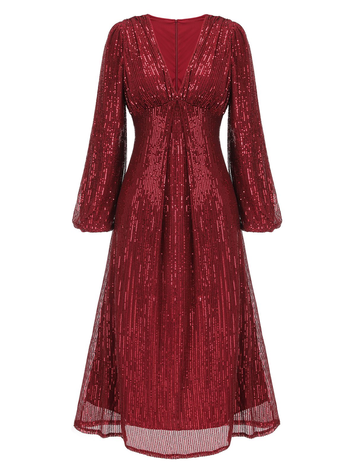 Red Solid Sequined V-Neck Shift Dress