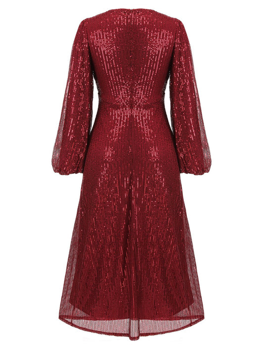 Red Solid Sequined V-Neck Shift Dress