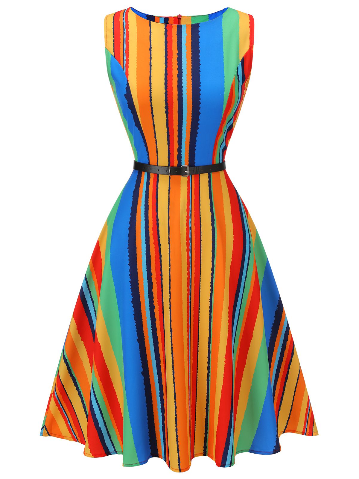 Multi Stripe Crew Dress With Belt