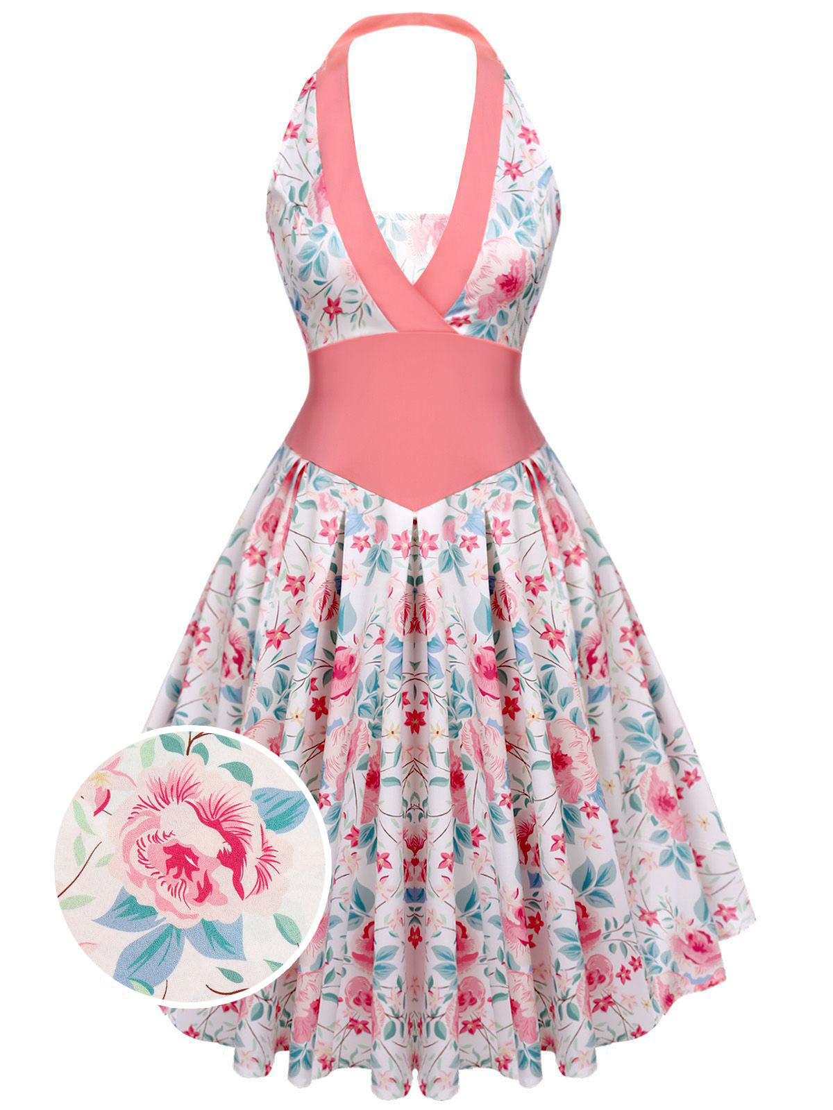 Pink Halter Floral Swing Dress