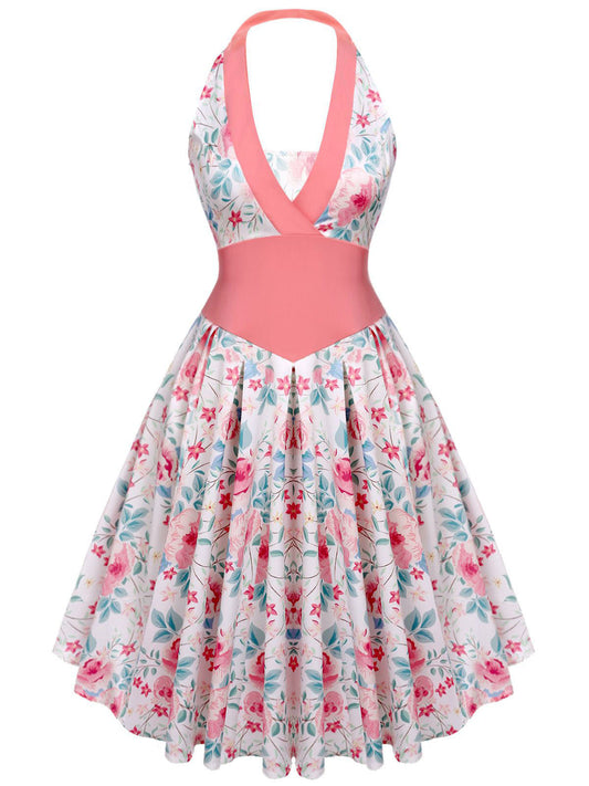 Pink Halter Floral Swing Dress