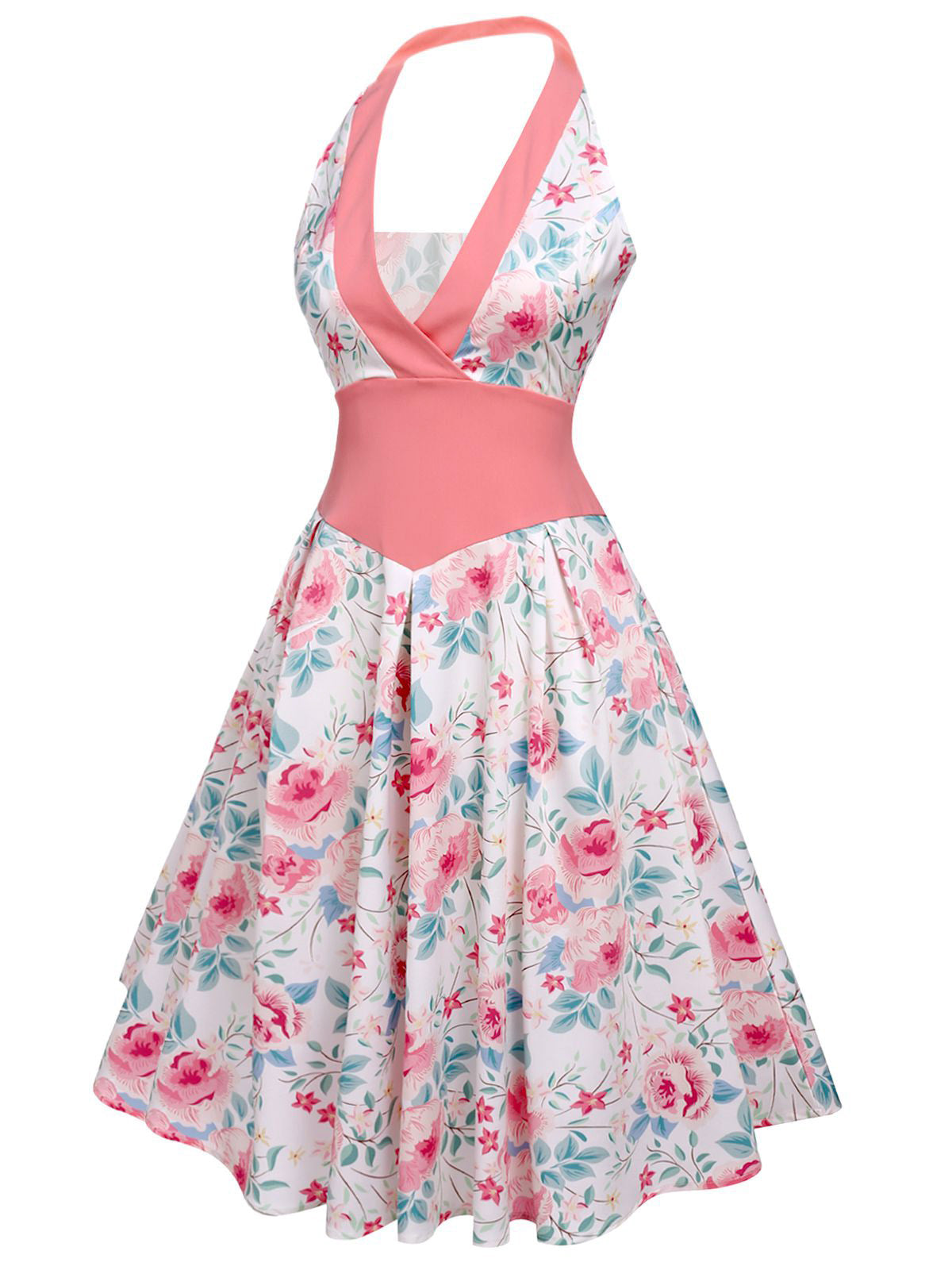 Pink Halter Floral Swing Dress