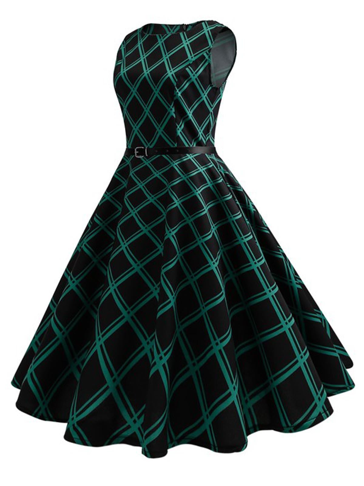 Green Plaid Belted Swing Dress