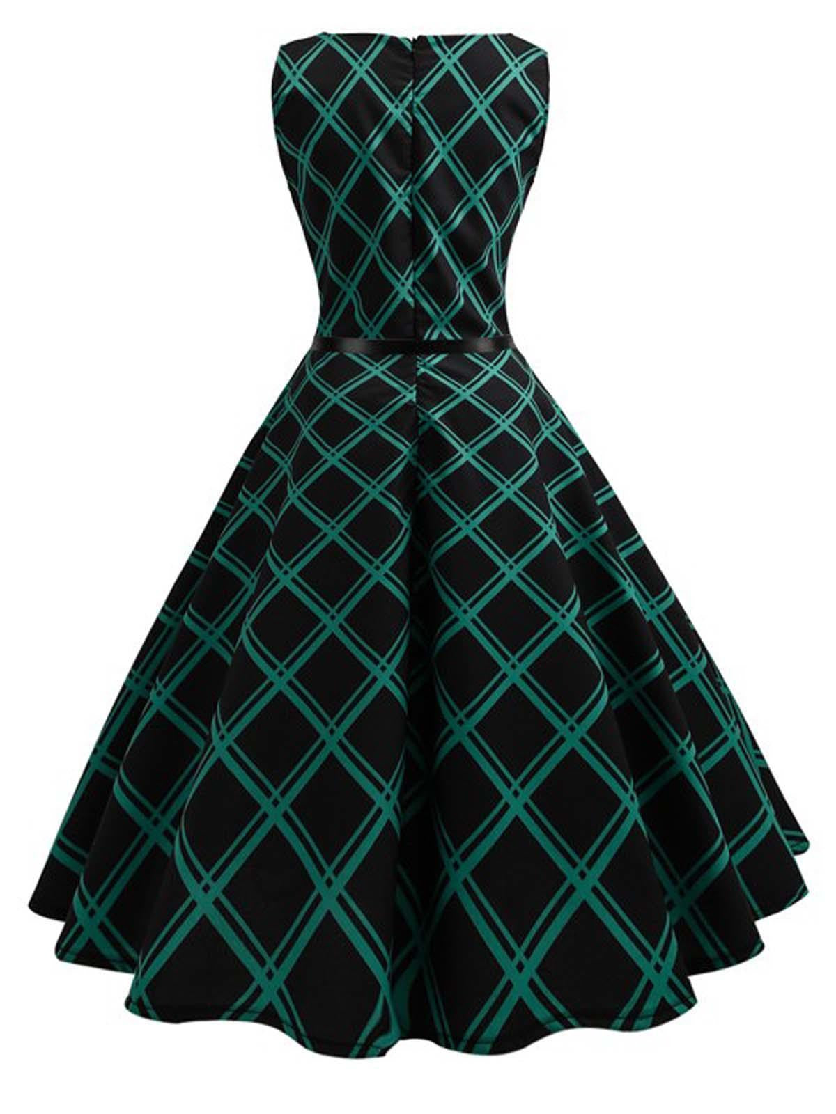 Green Plaid Belted Swing Dress