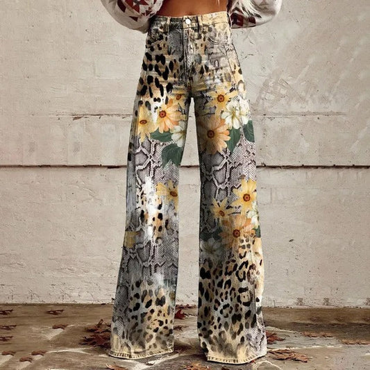 Ivyshape | Women's Leopard Flowers Design Pants High Waist