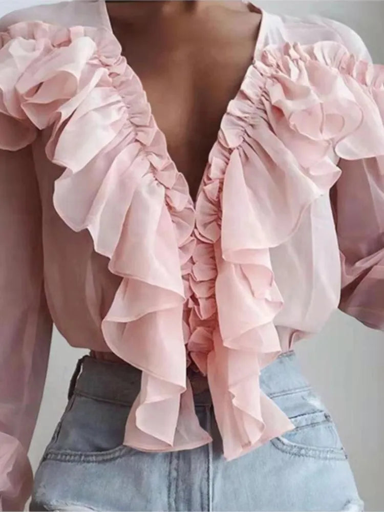 Women's Spring/Autumn V-Neck Pleated Ruffle Blouse