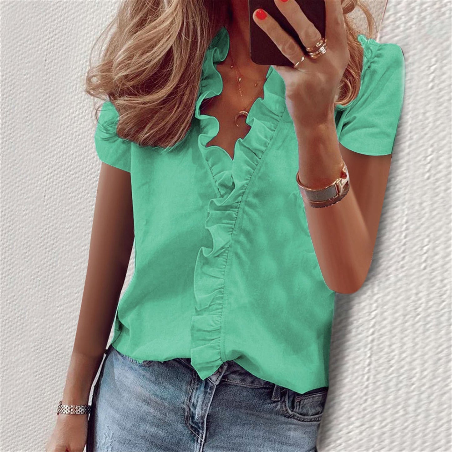 V-Neck Ruffle Lantern Sleeve Blouse