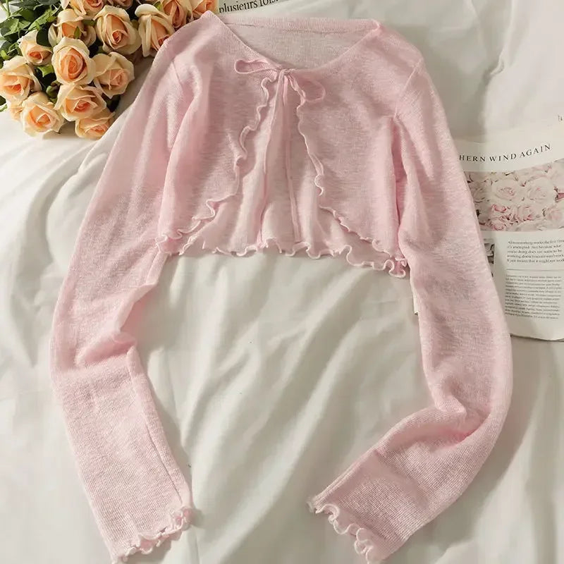 Bow Lace-Up Long Sleeve Crop Top for Women