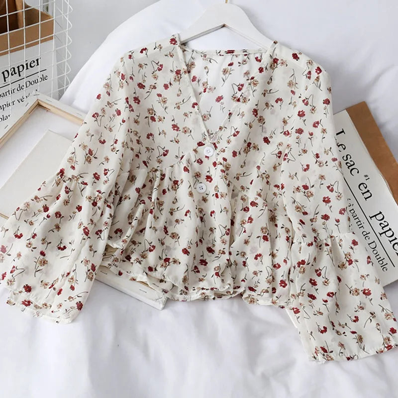 Delicate Floral Print Chiffon Blouse for Women