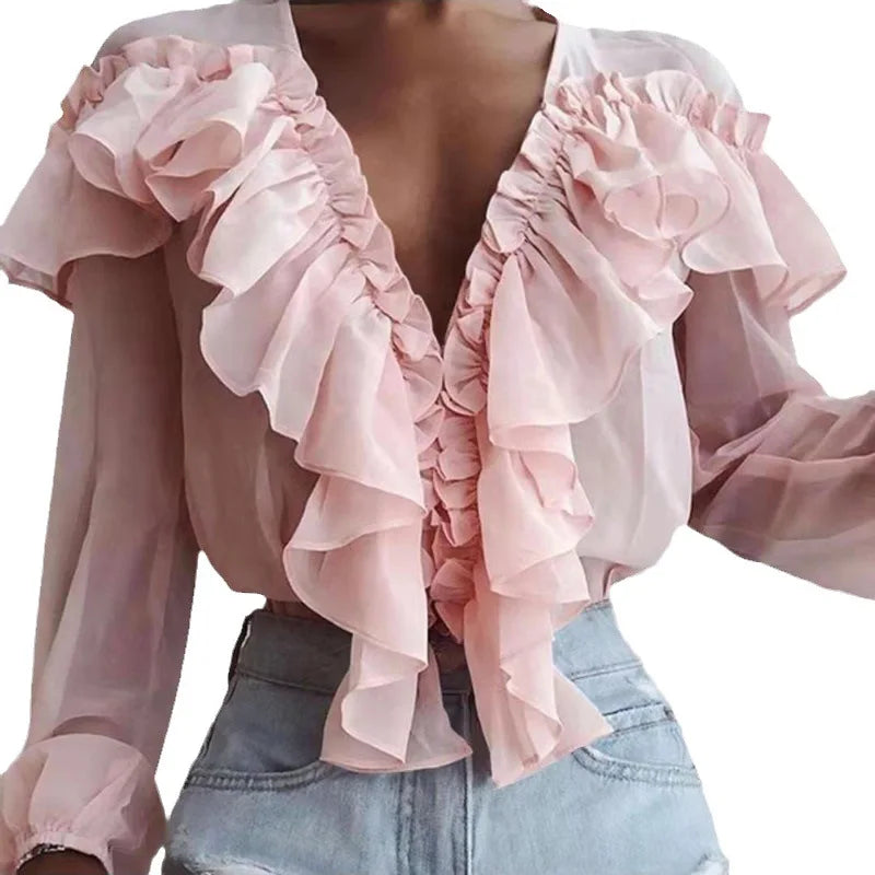 Women's Spring/Autumn V-Neck Pleated Ruffle Blouse