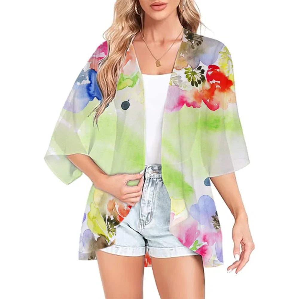 Trendy Watercolor Floral Kimono Cardigan for Women