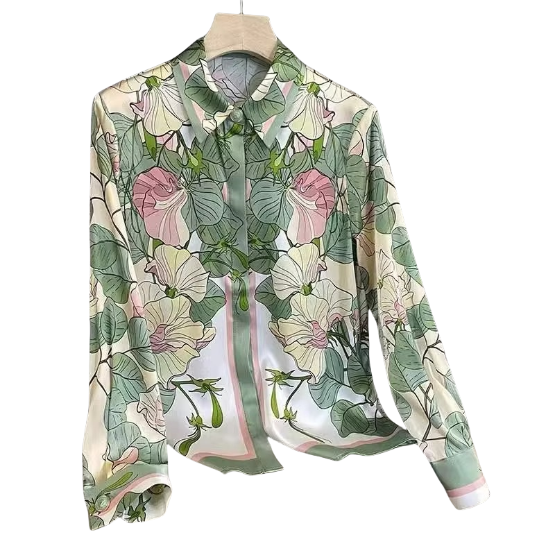 Women's Floral Satin Long Sleeve Blouse for Summer