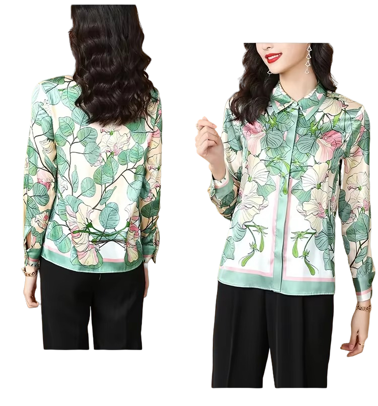 Women's Floral Satin Long Sleeve Blouse for Summer