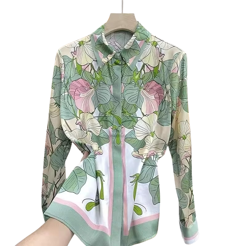 Women's Floral Satin Long Sleeve Blouse for Summer