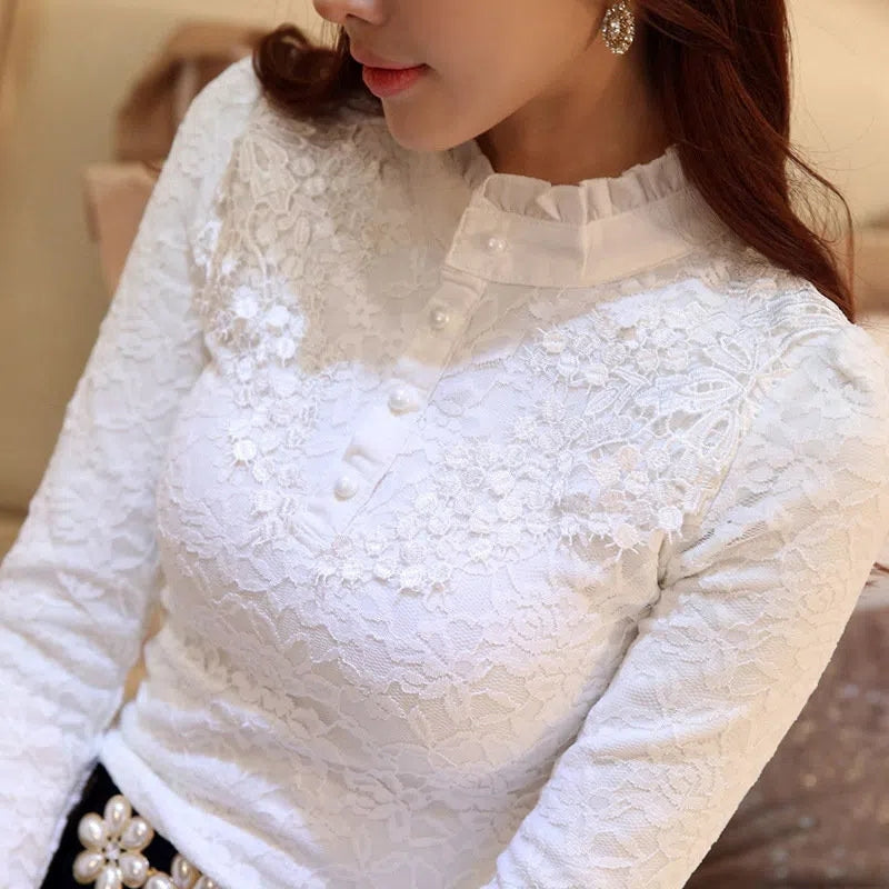 Jacquard Polo-Neck Open Stitch Blouse