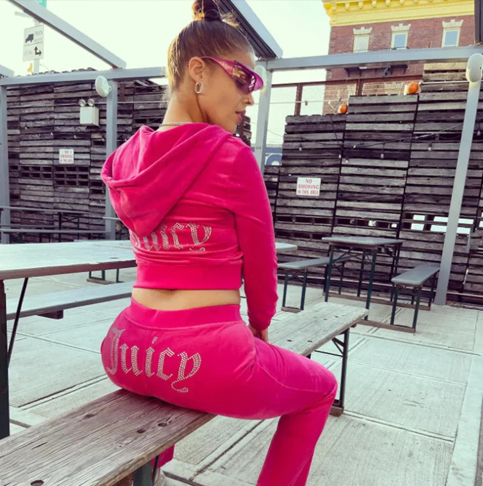 IvyShape | Velour Tracksuit Women Long Sleeve Hoodie Juicy Bling Shine Tops and Pants Two Piece Diamond Logo Print Casual Workout Clothing