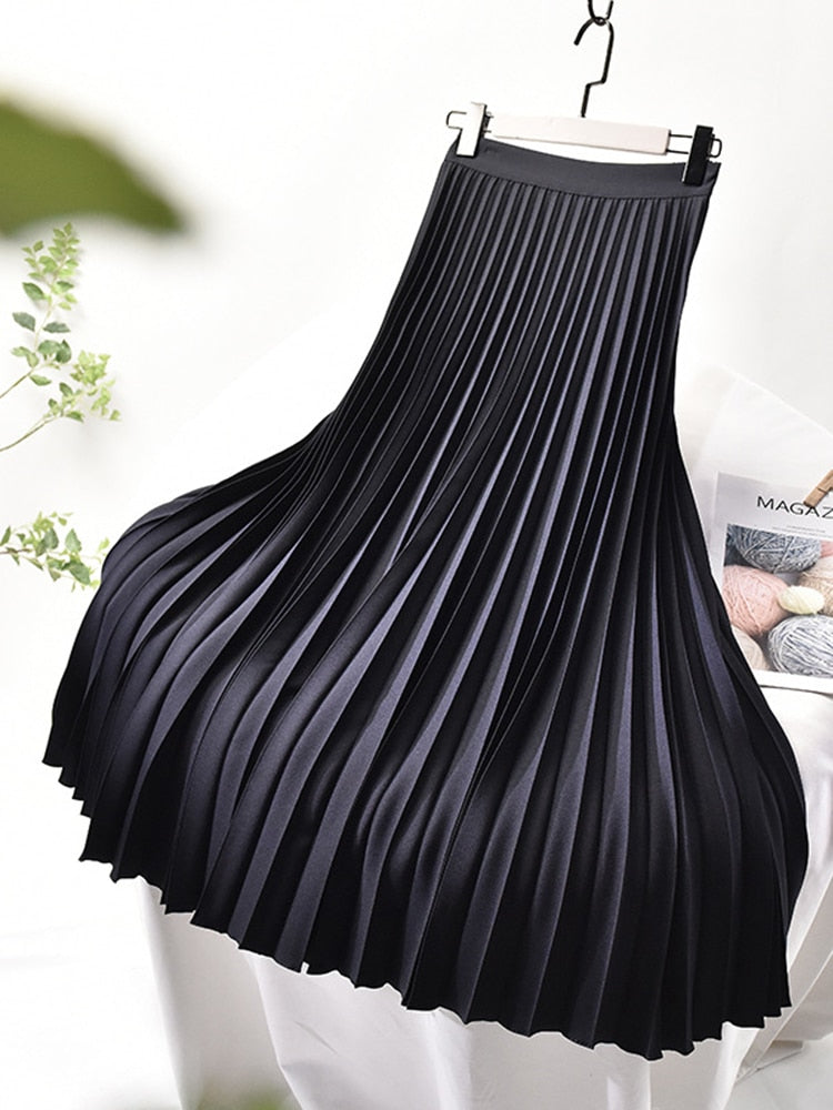 Ivyshape | Brand designer women's elegant chic solid pleated skirt high waist luxury fashion