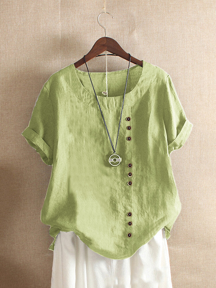 Women's Summer Loose Fit Button Short Sleeve Blouse