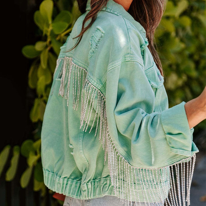 Ivyshape | Denim Jacket with Glitter Fringe for Women