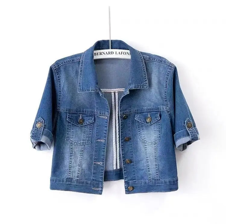 Ivyshape | Solid Color Denim Jacket With Short Sleeves