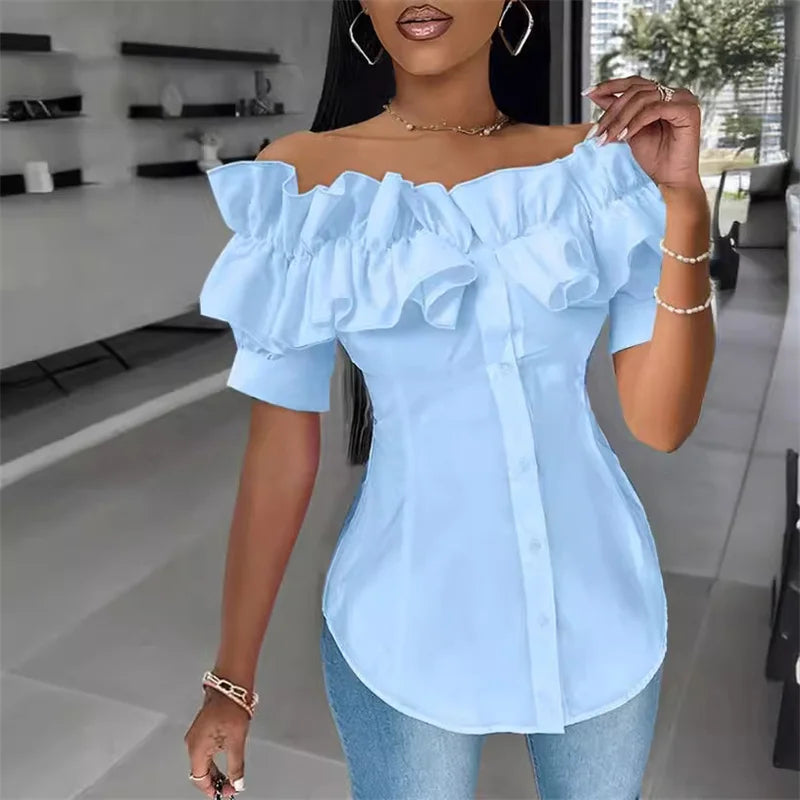 Women's Elegant Pleated Ruffle Short Sleeve Blouse