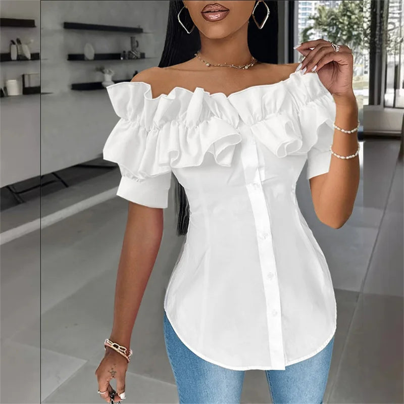 Women's Elegant Pleated Ruffle Short Sleeve Blouse