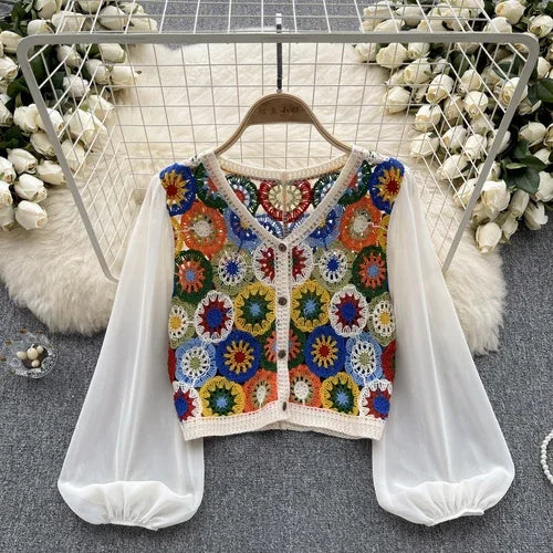 Women's Summer Crochet Hollow Out Lantern Sleeve Patchwork Blouse