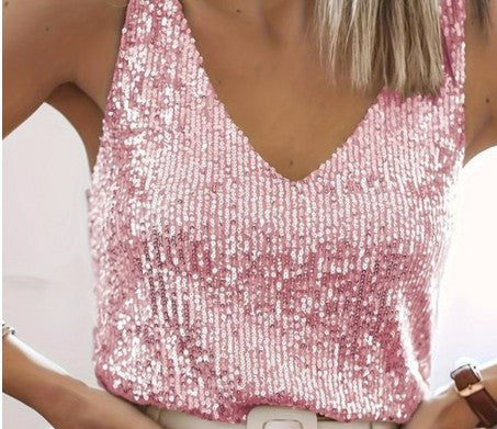 IvyShape | Women's Glitter Sequin V-Neck Top Sleeveless Shirt Top for Women