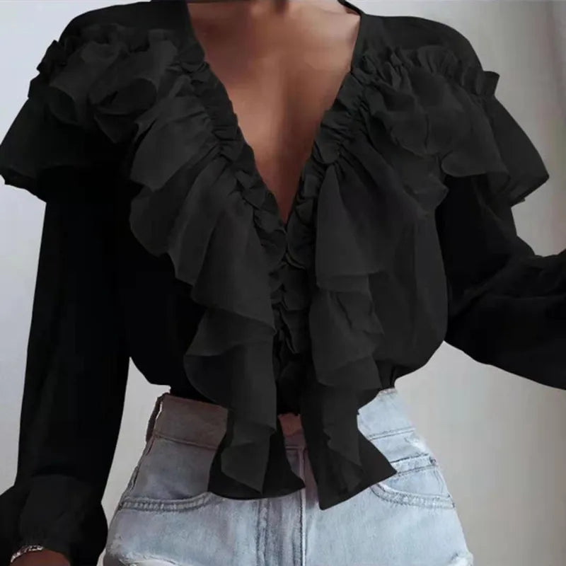 Women's Spring/Autumn V-Neck Pleated Ruffle Blouse