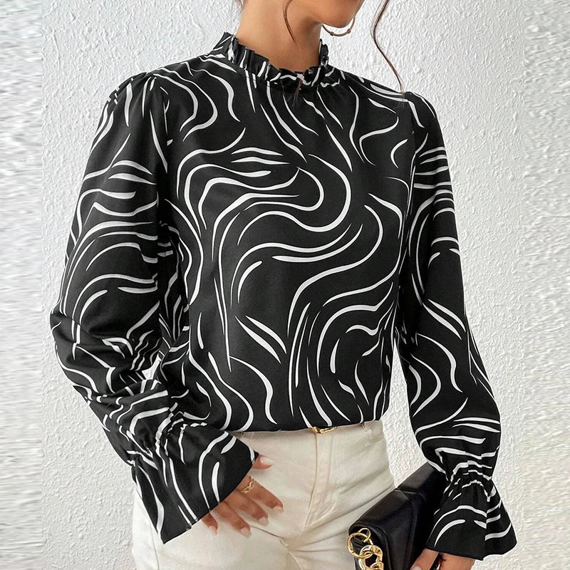 Elegant Ruffled Printed Blouse for Women