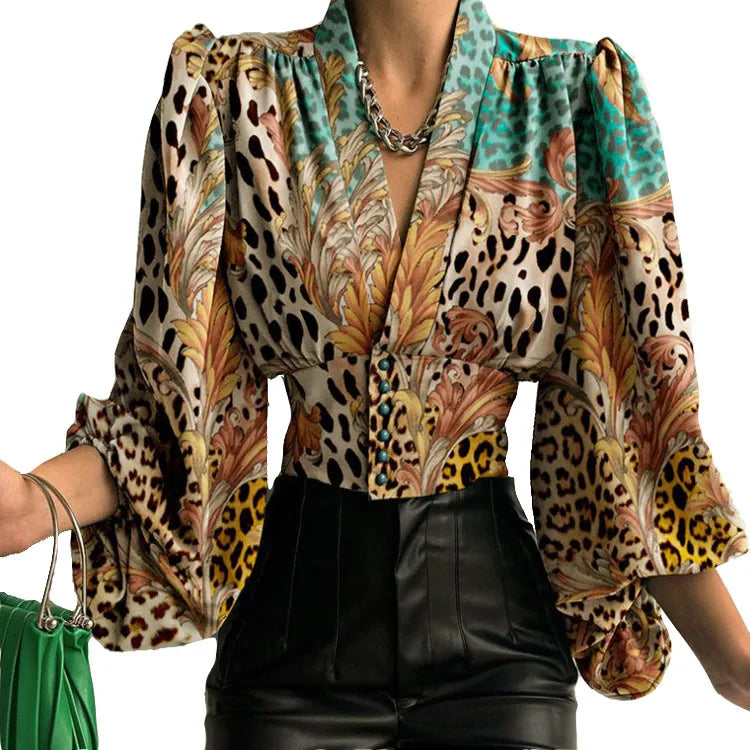 Women's Floral Print V-Neck Long Sleeve Blouse