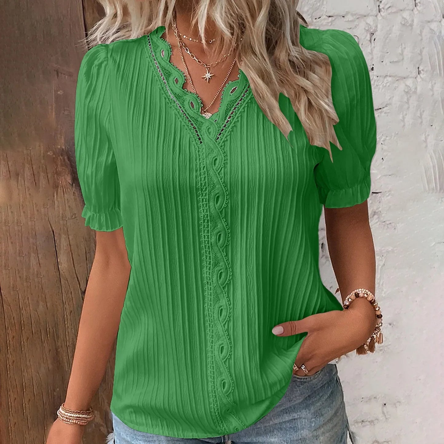 Elegant Lace V-Neck Short Sleeve Blouse for Women